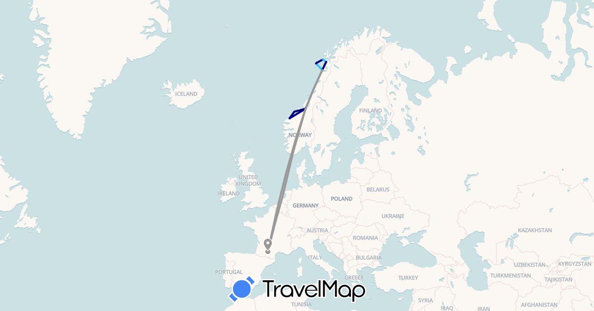 TravelMap itinerary: driving, plane, boat in France, Norway (Europe)